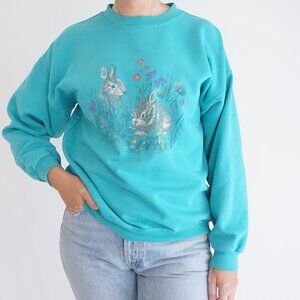 Vintage Northern Reflections Bunny Floral Sweatshirt Turquoise Grandmacore S